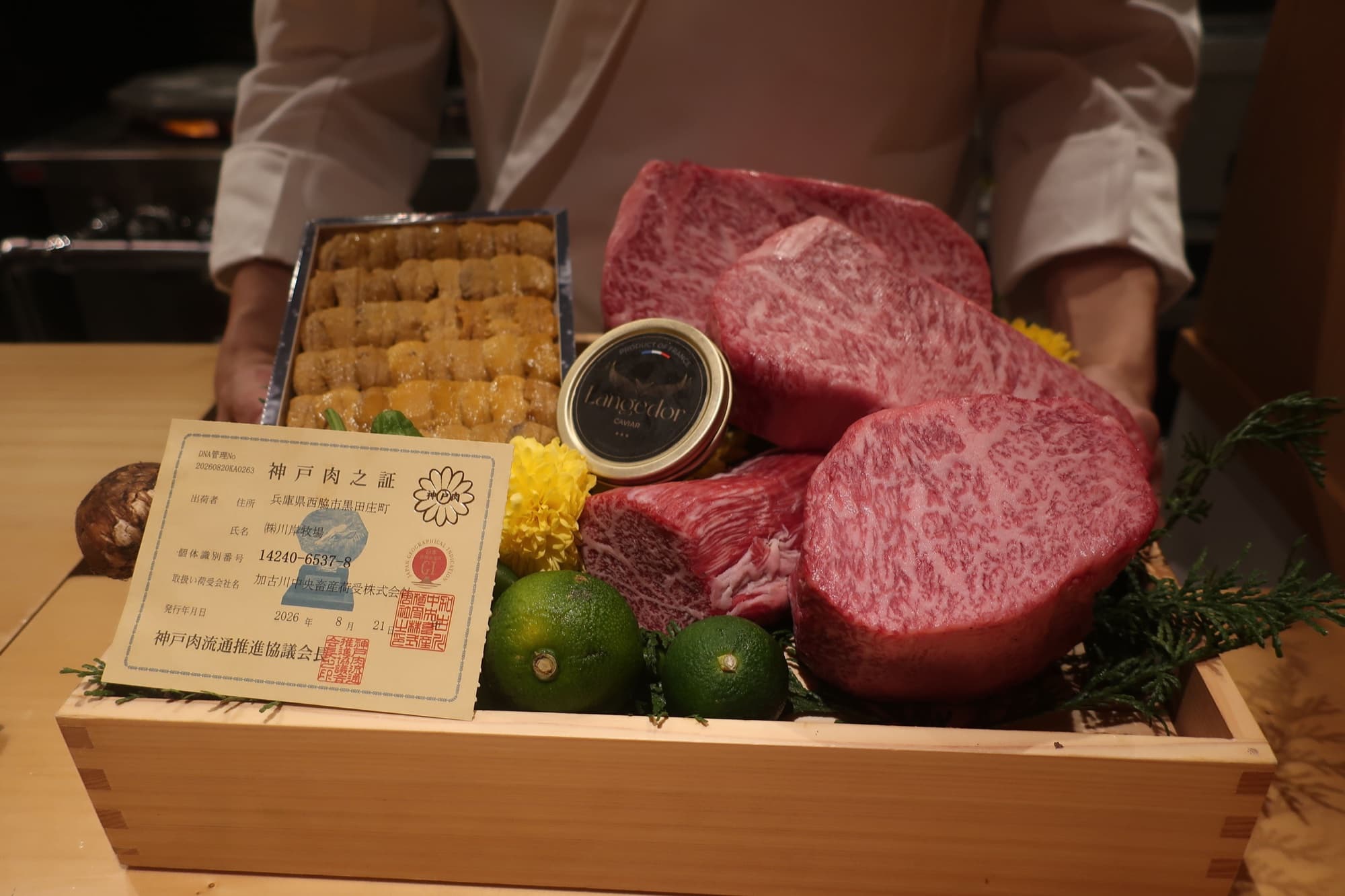 A presentation of Kobe beef, uni, and caviar