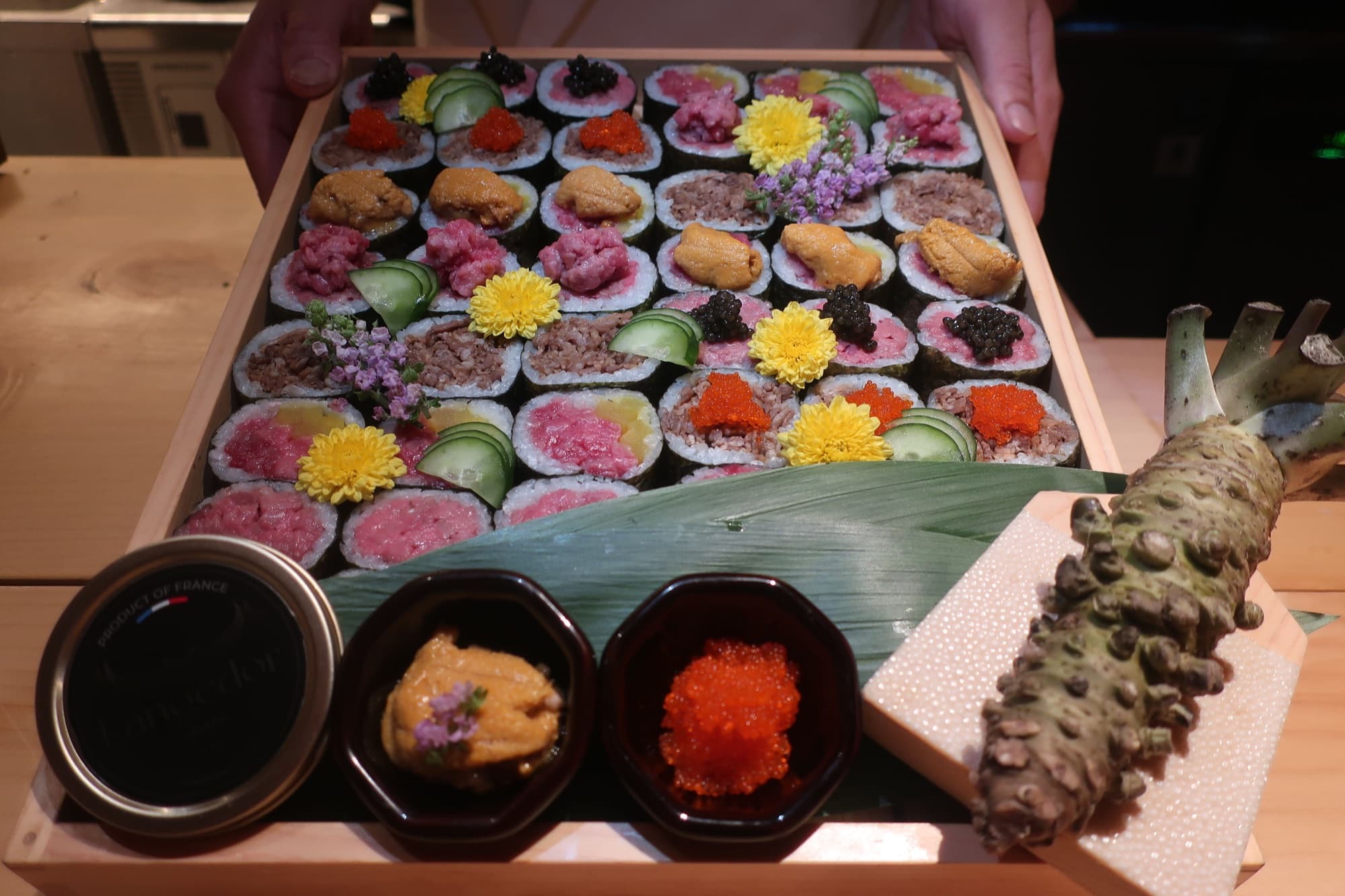 A colorful selection of wagyu sushi prepared at the counter